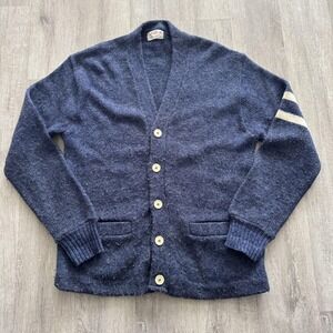 Vintage Sweater Mens Medium Blue Cardigan Sweater Striped Sleeve Pockets Knit